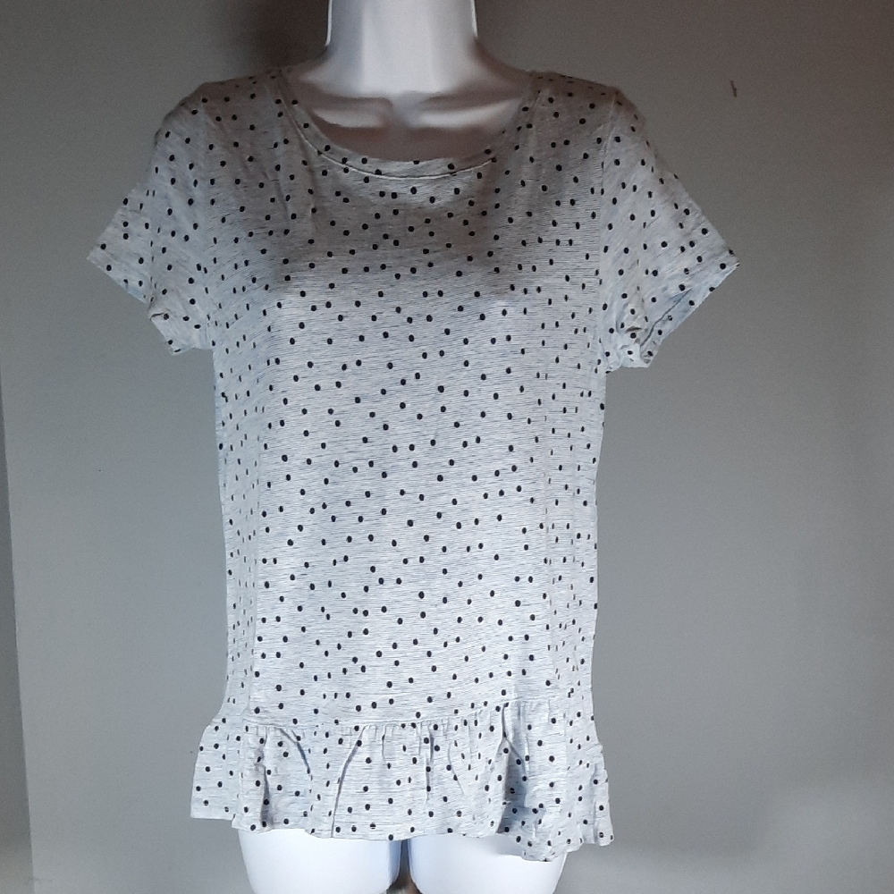 Talbots Light Blue With Black Polka Dot Ruffle Top